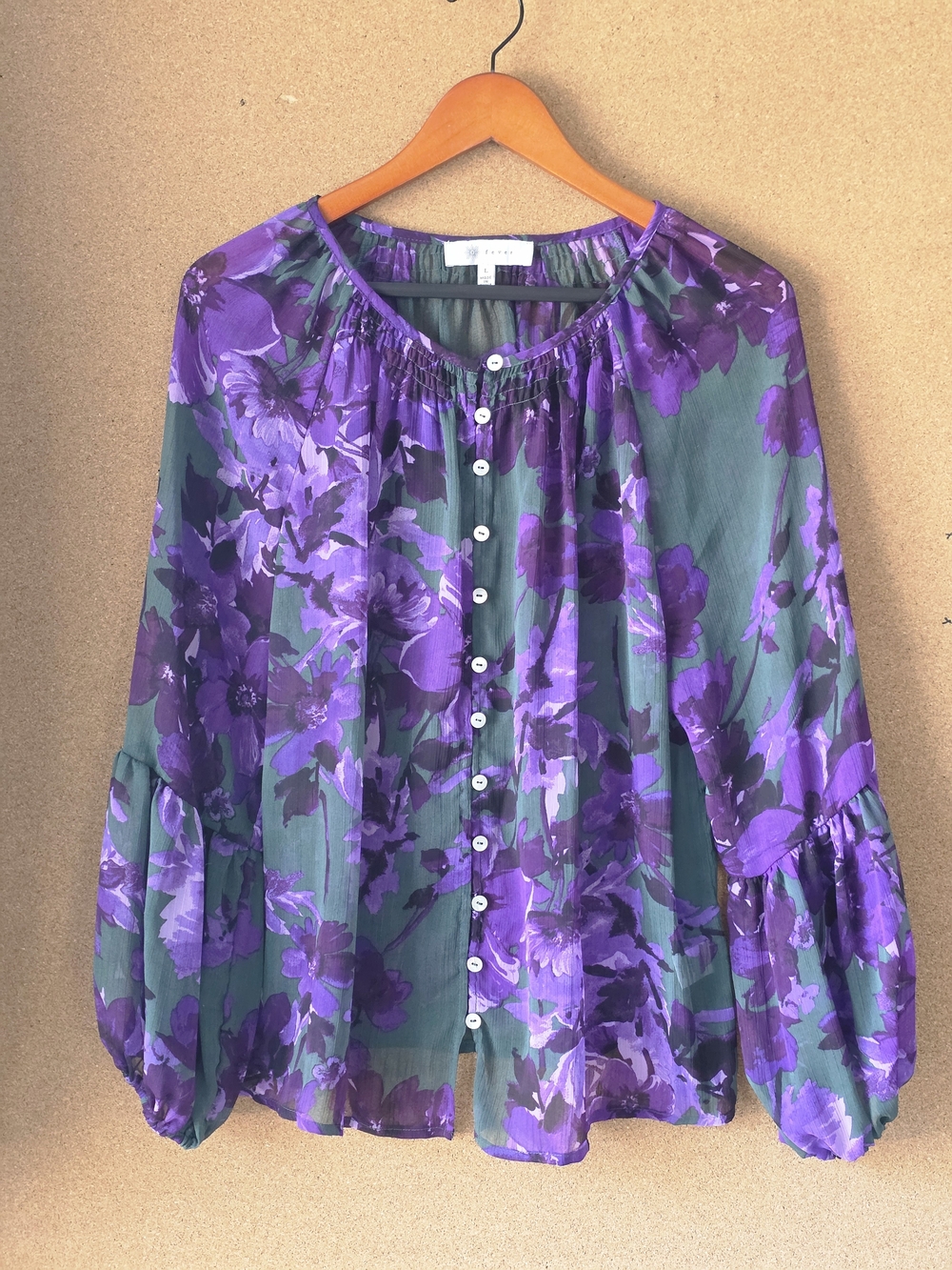 Fever Printed Blouse Purple Teal Watercolor Floral Sheer Peasant Top L